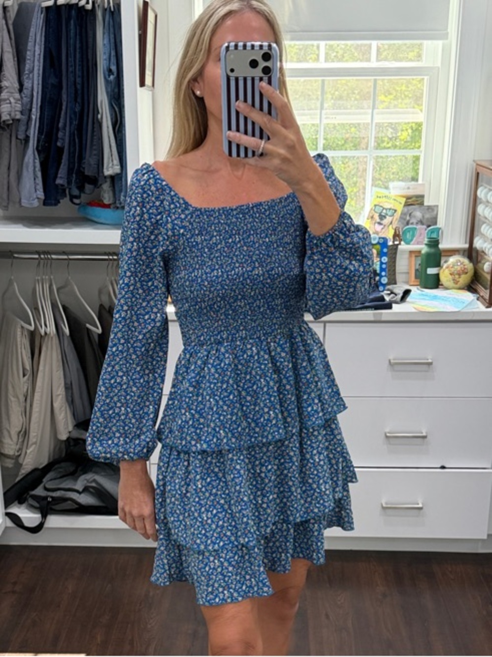 Amazon Blue Floral Tiered Long-Sleeve Mini Dress